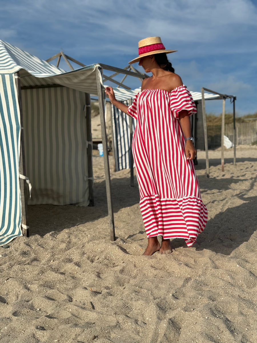 Vestido riscas manga balão morango