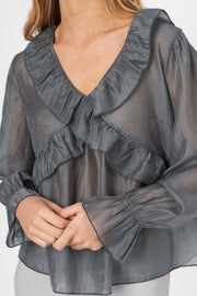 Blusa fluida com babados cinzento