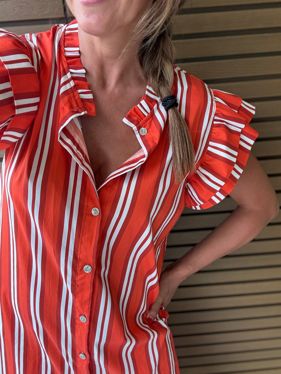 Vestido camiseiro riscas coral