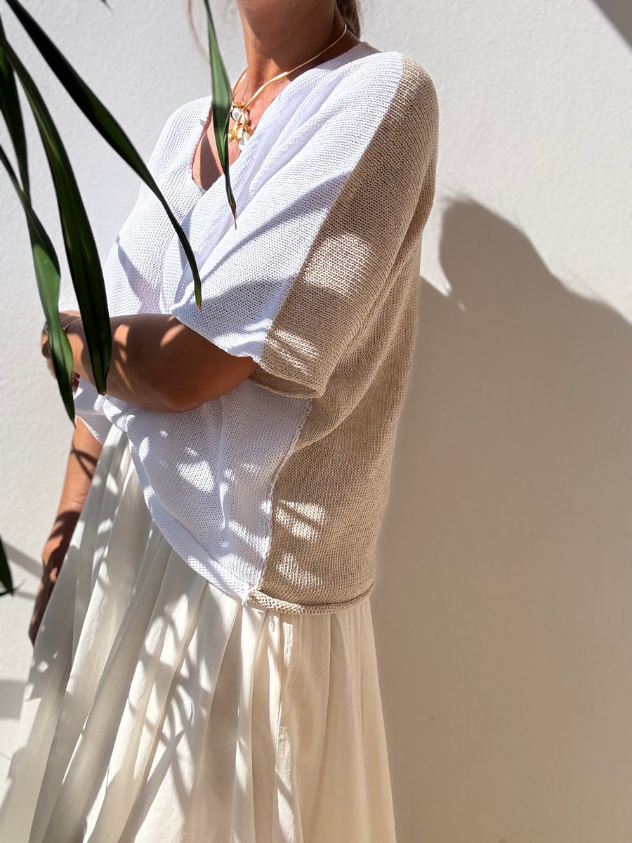 Camisola manga curta branco/ camel