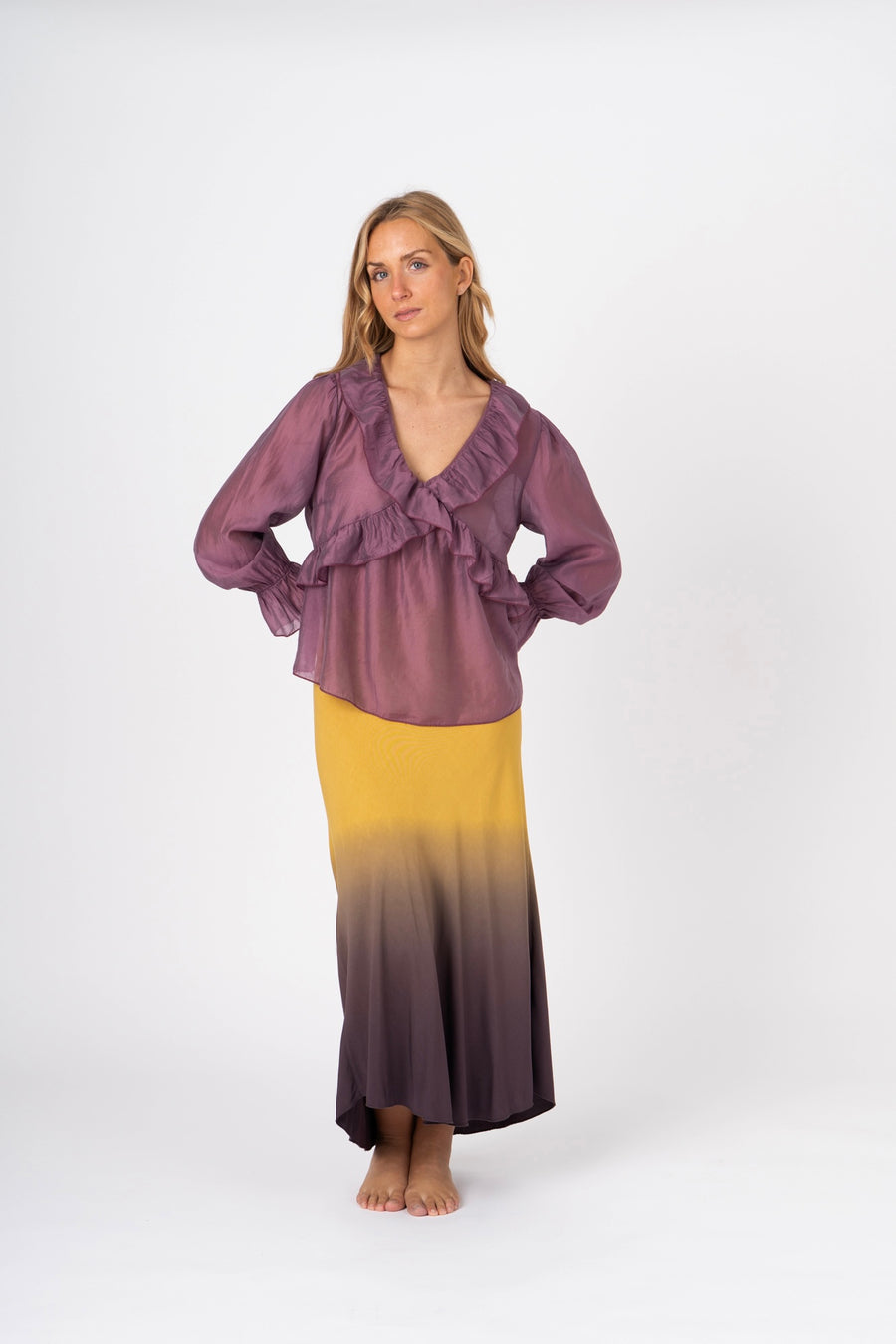 Blusa fluida com babados malva