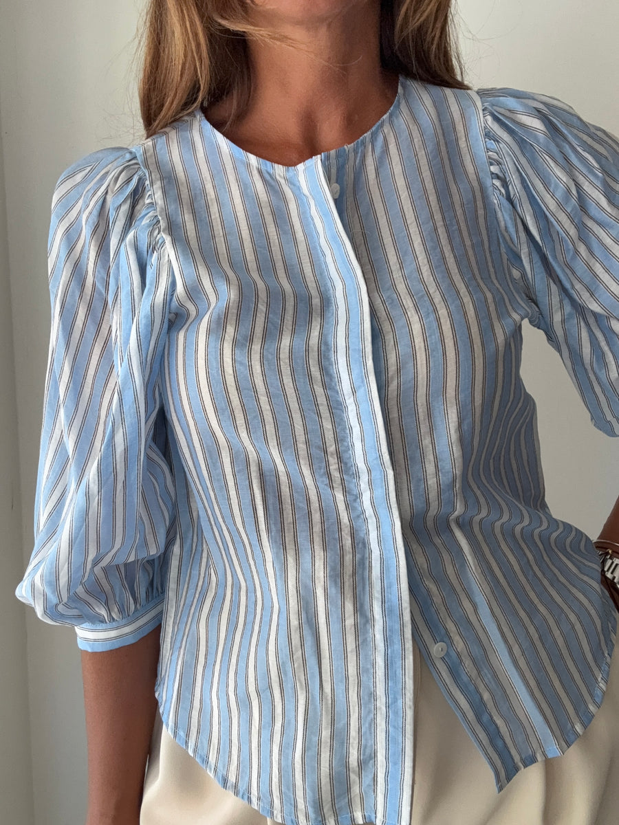 Blusa riscas manga balão azul