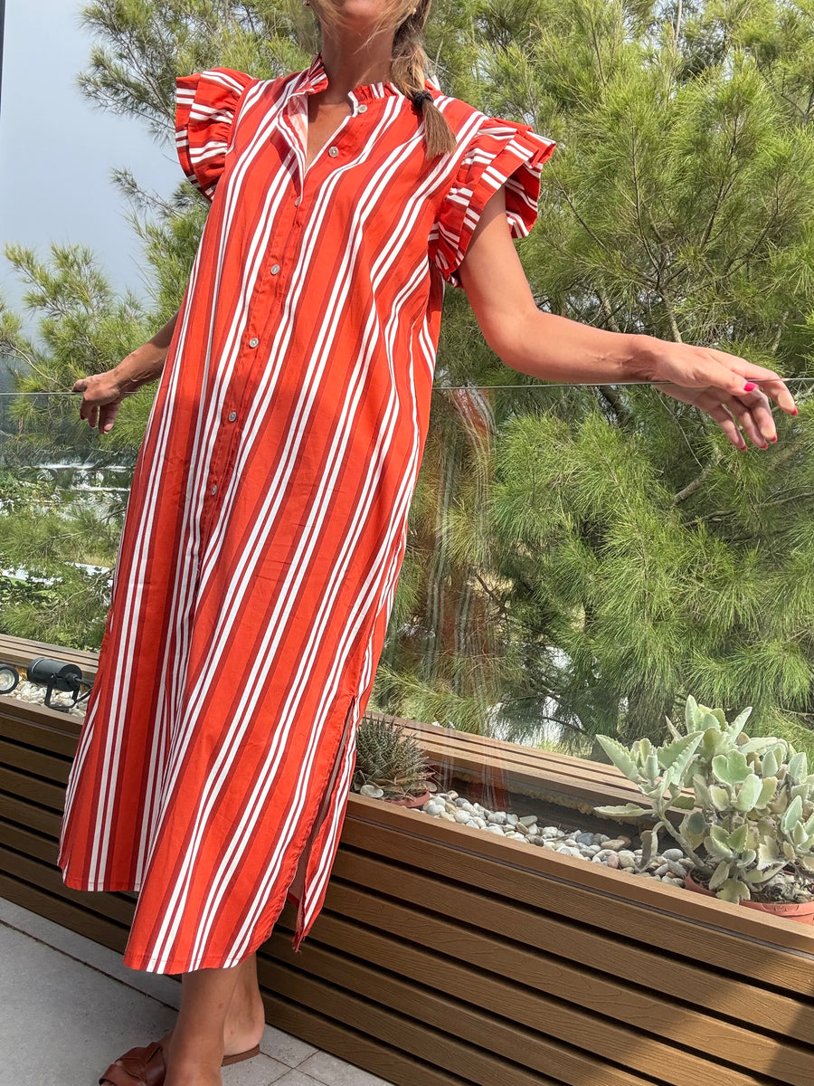 Vestido camiseiro riscas coral