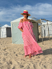 Vestido riscas manga balão morango