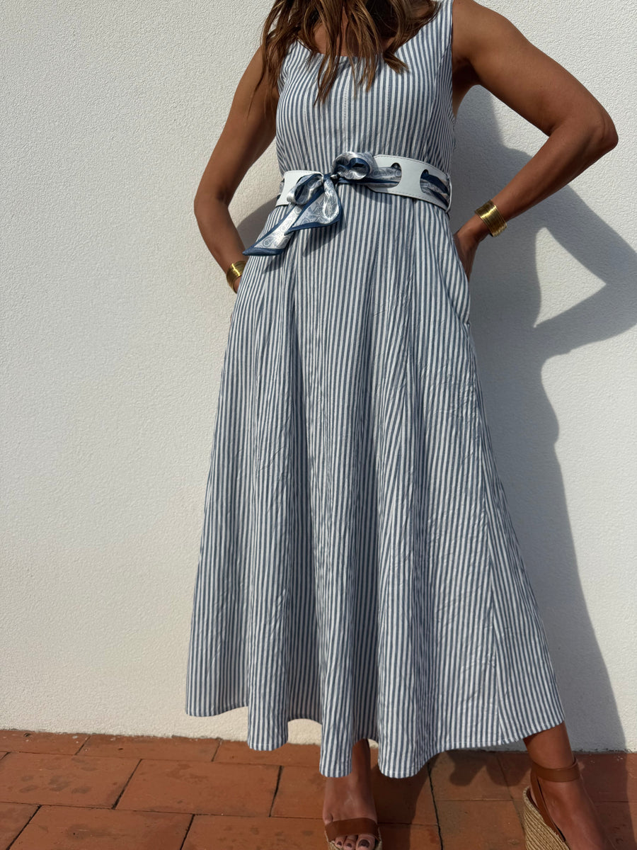 Vestido Midi risca azul
