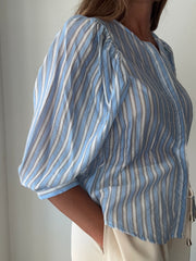 Blusa riscas manga balão azul