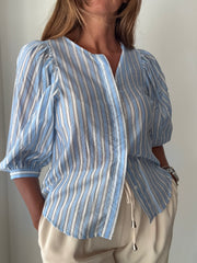 Blusa riscas manga balão azul