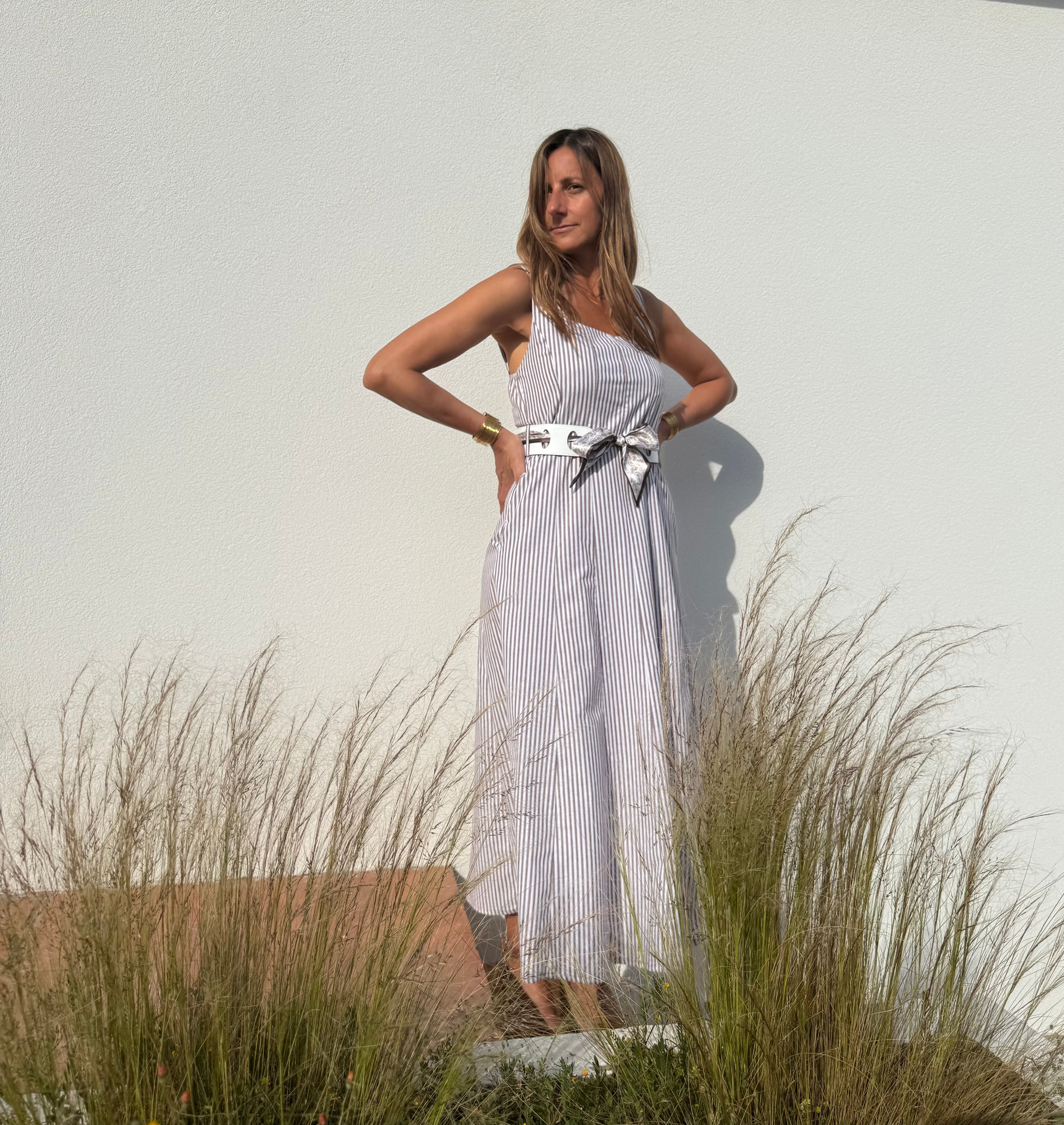 Vestido Midi riscas castanho