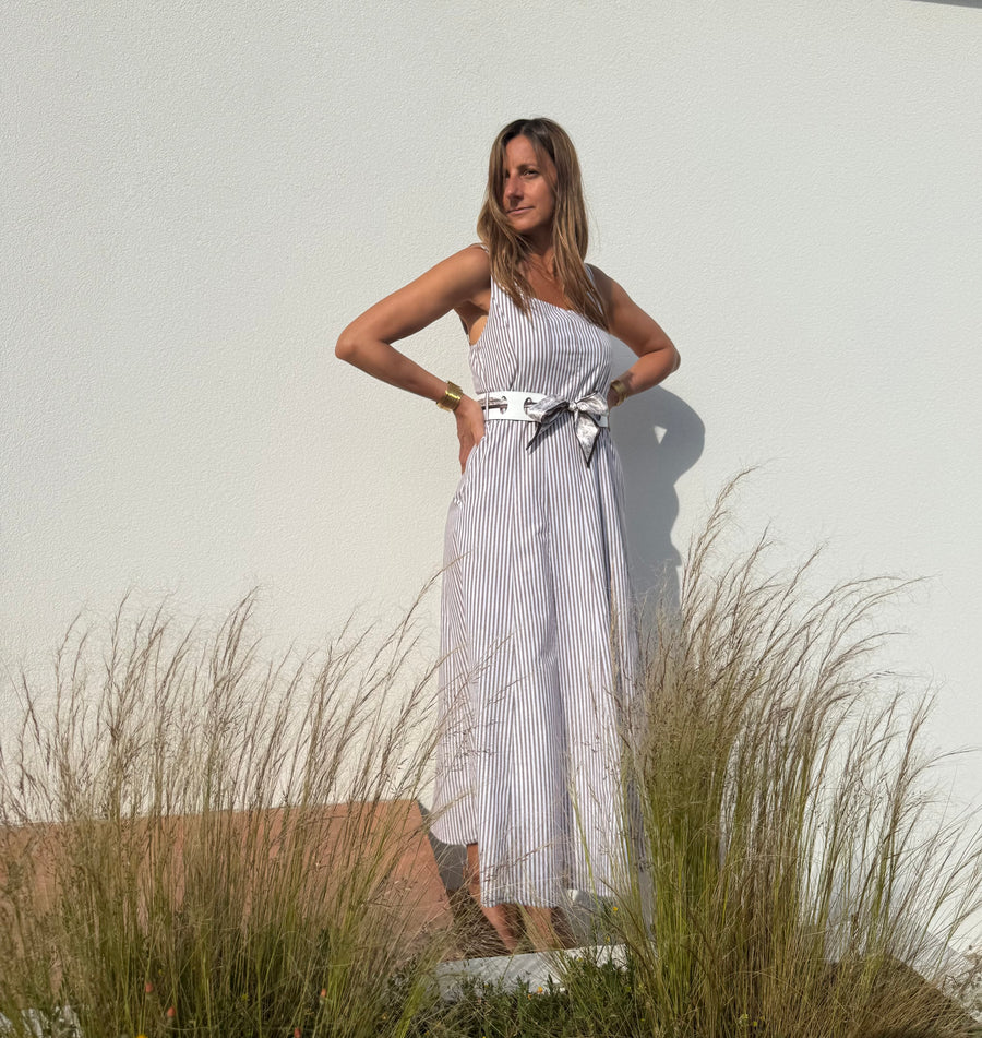 Vestido Midi riscas castanho