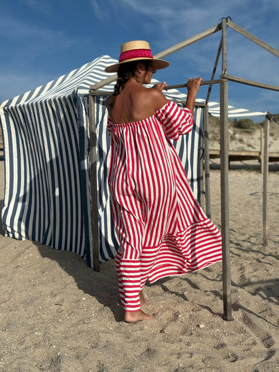 Vestido riscas manga balão morango