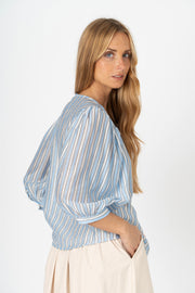 Blusa riscas manga balão azul