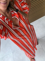 Vestido camiseiro riscas coral