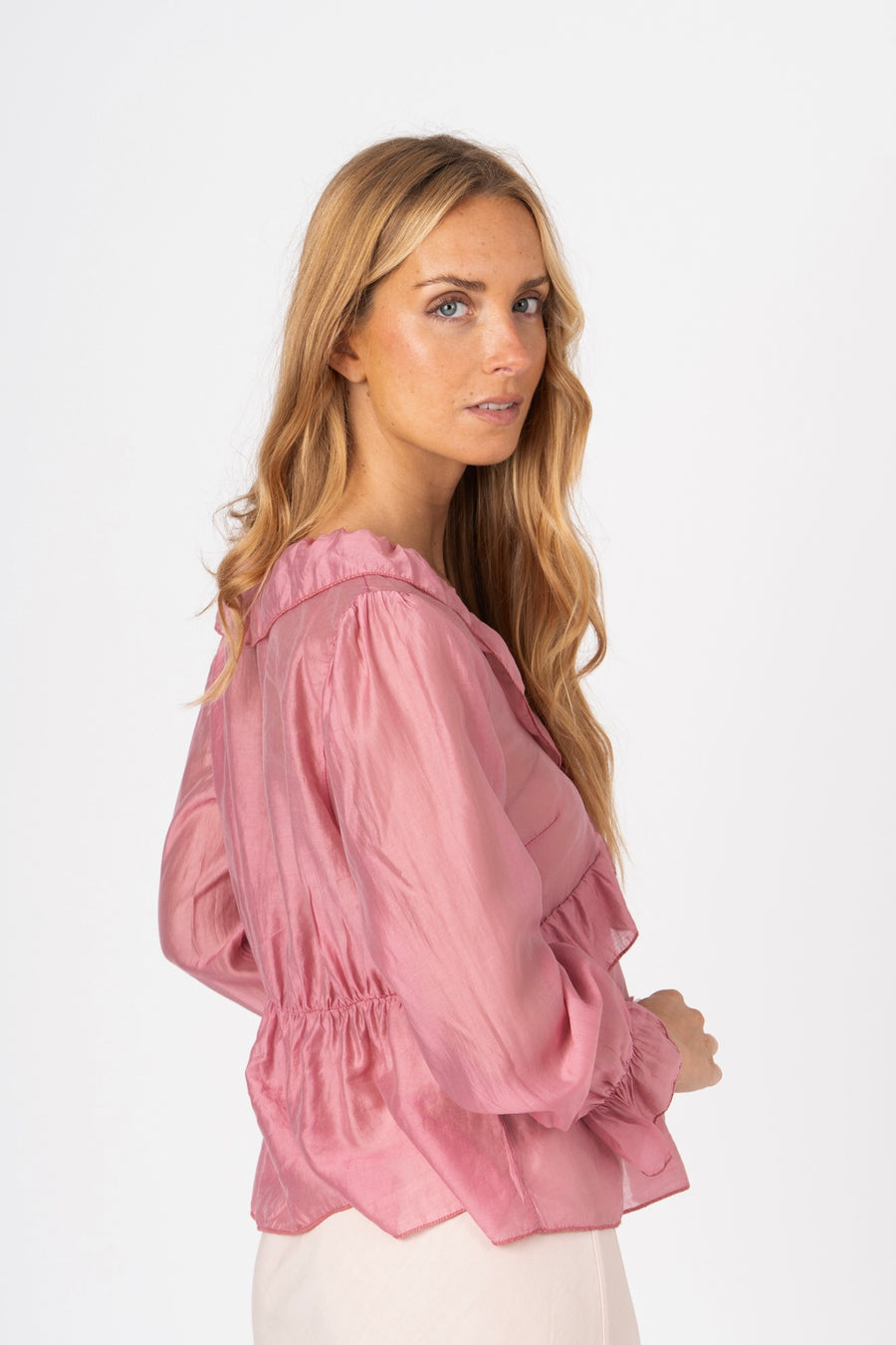 Blusa fluida com babados rosa