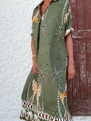 Vestido Estampado Tropical – Corte Reto com Bolsos