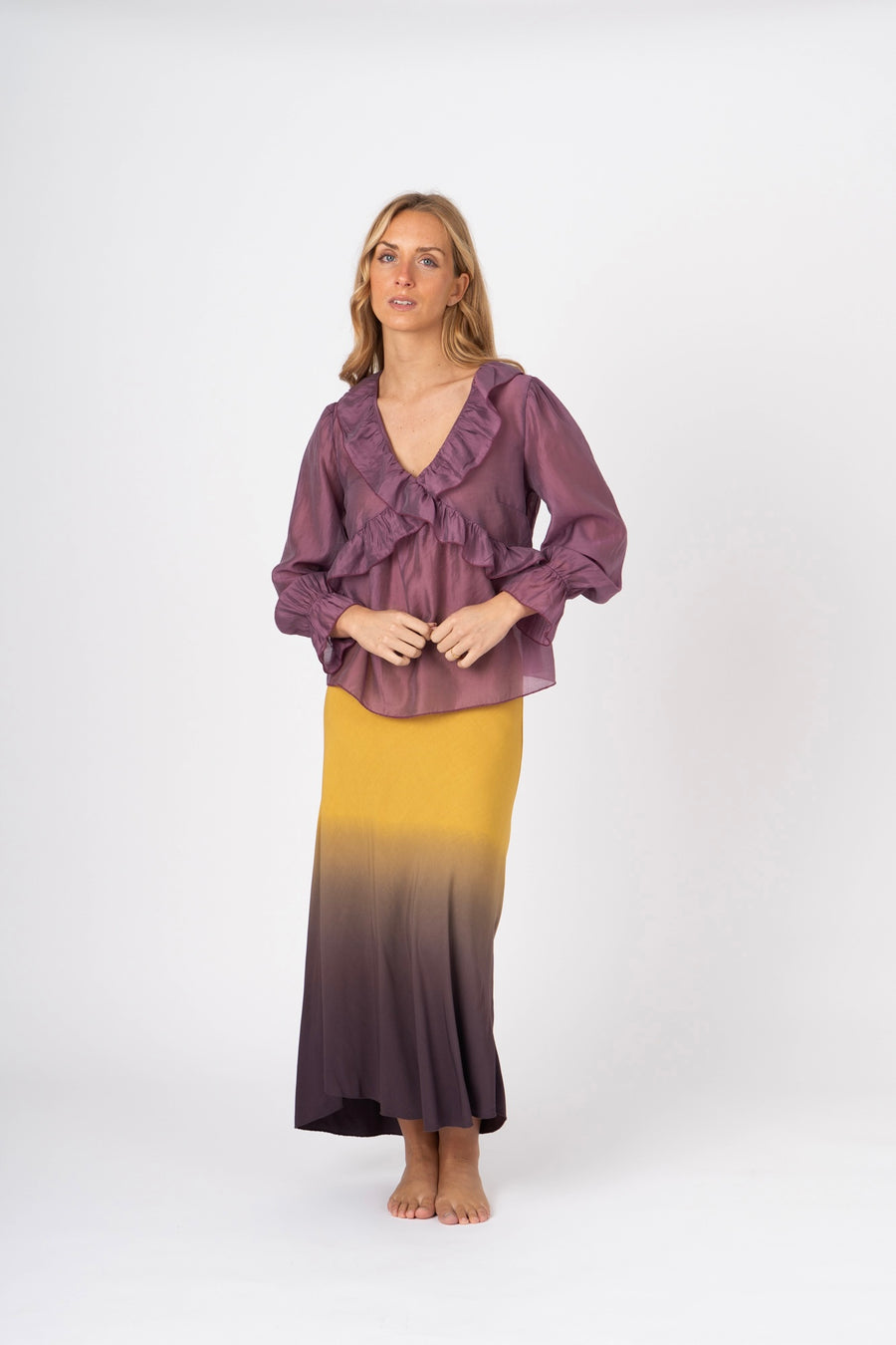 Blusa fluida com babados malva