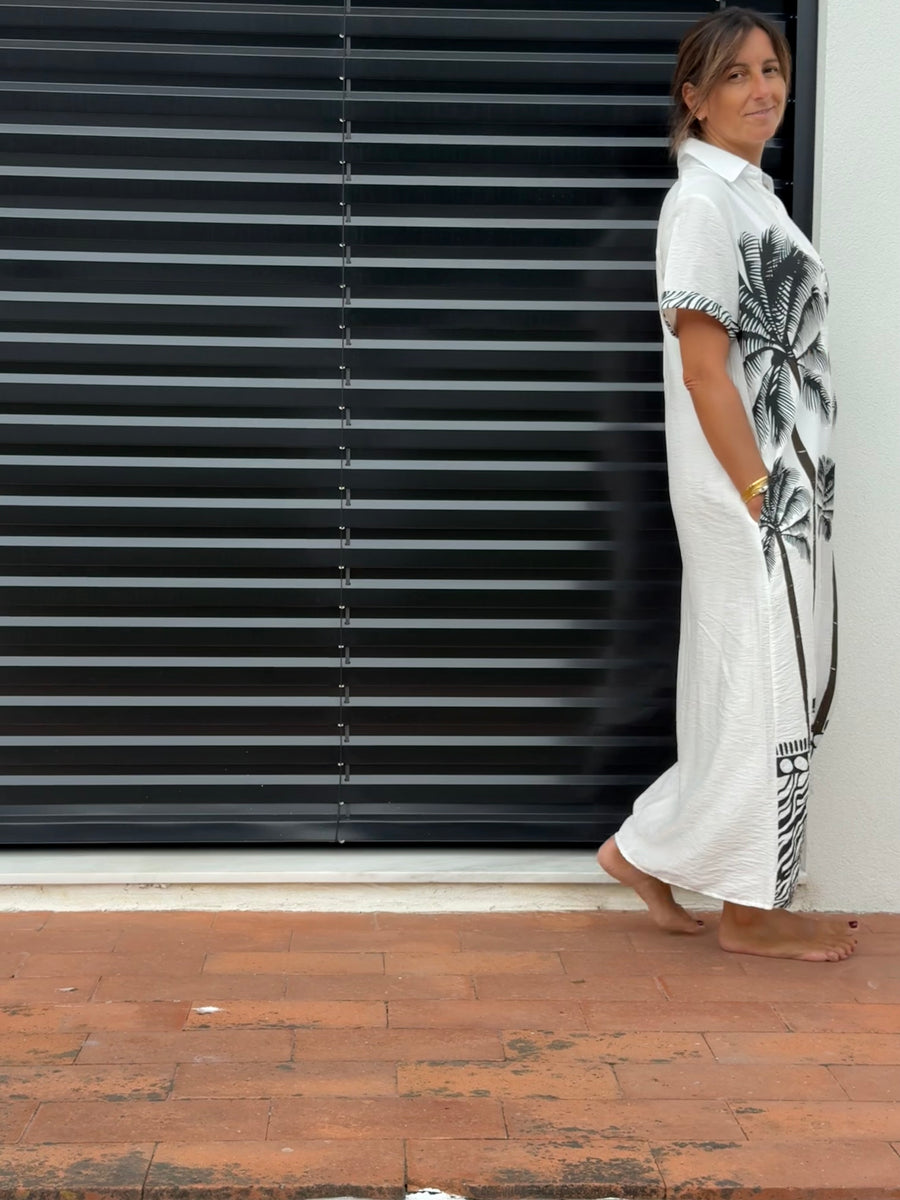 Vestido Camiseiro Tropical Preto & Branco