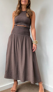 Conjunto Midi Franzido castanho