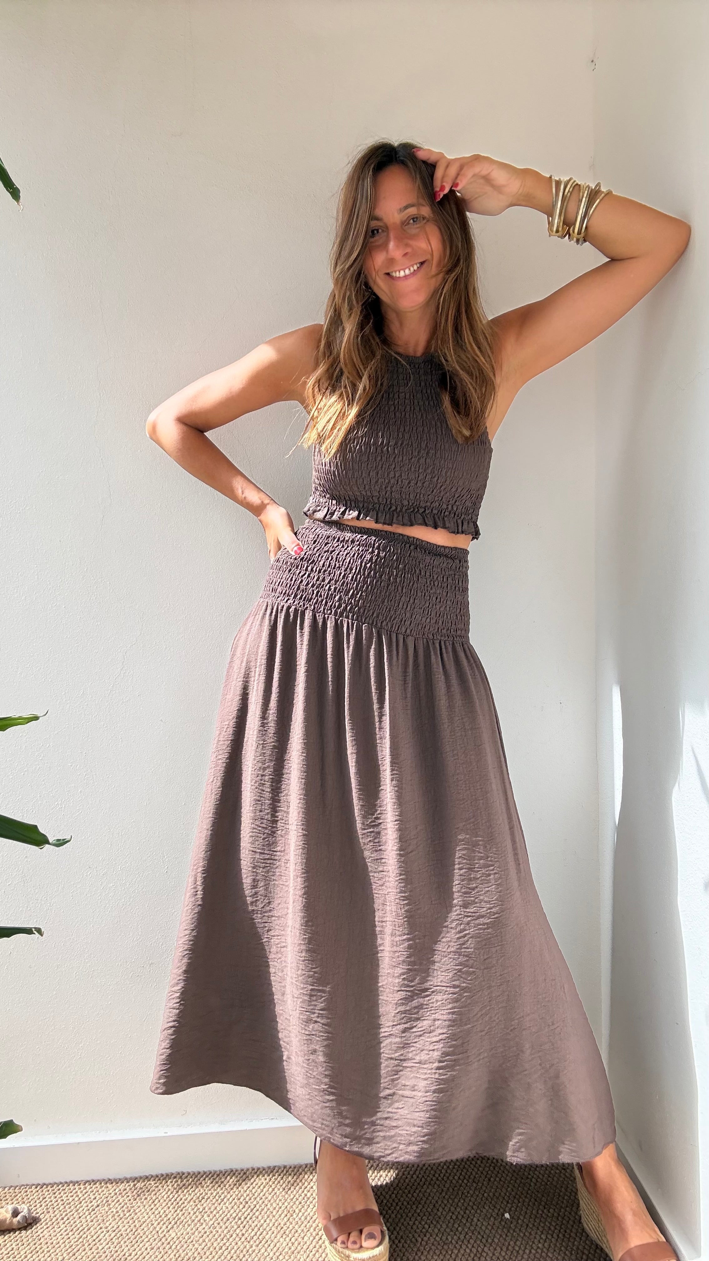 Conjunto Midi Franzido castanho