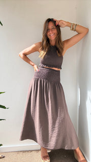Conjunto Midi Franzido castanho