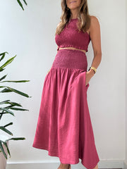 Conjunto Midi Franzido Morango