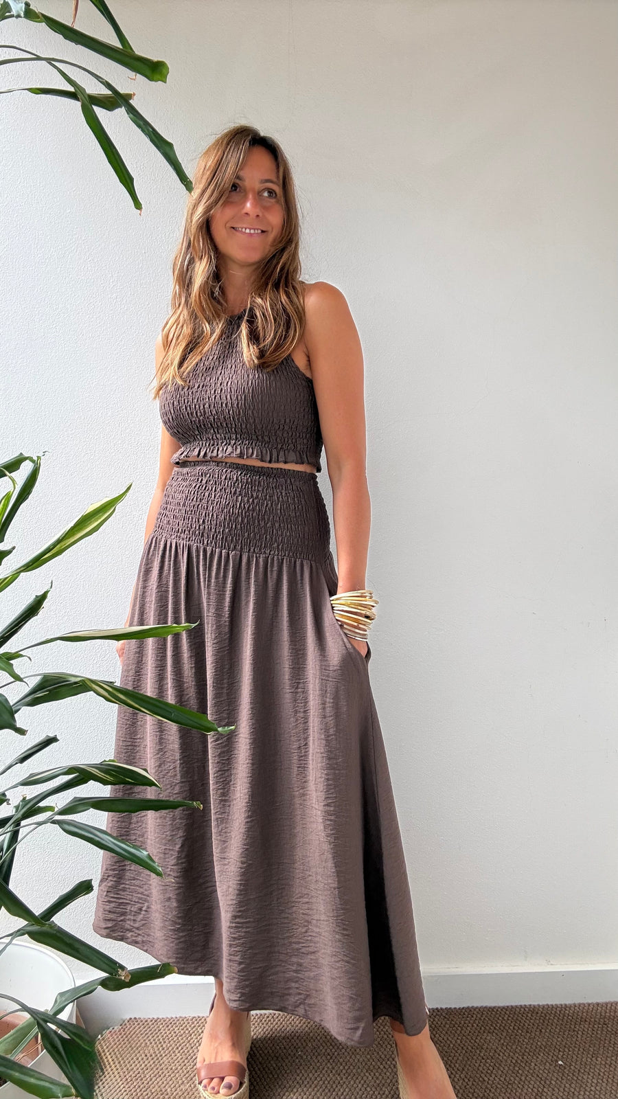 Conjunto Midi Franzido castanho