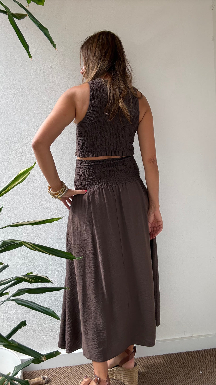 Conjunto Midi Franzido castanho