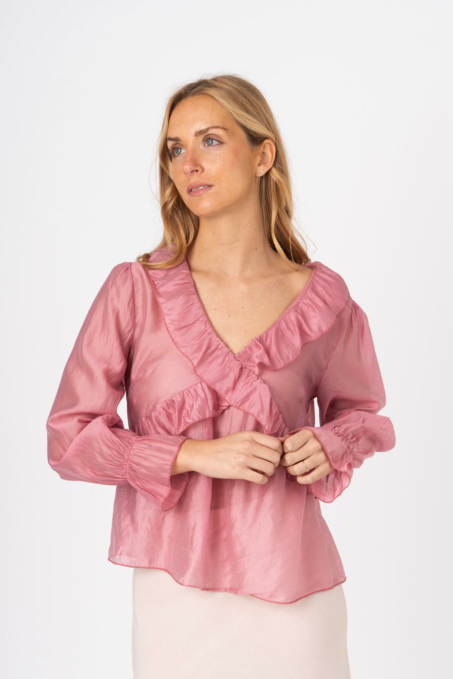 Blusa fluida com babados rosa