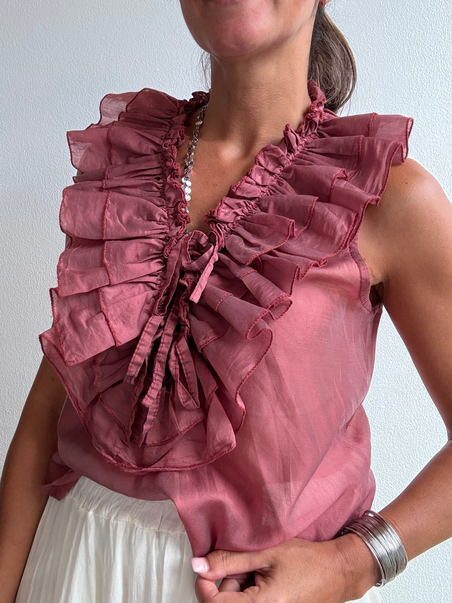 Blusa sem Manga telha com folho
