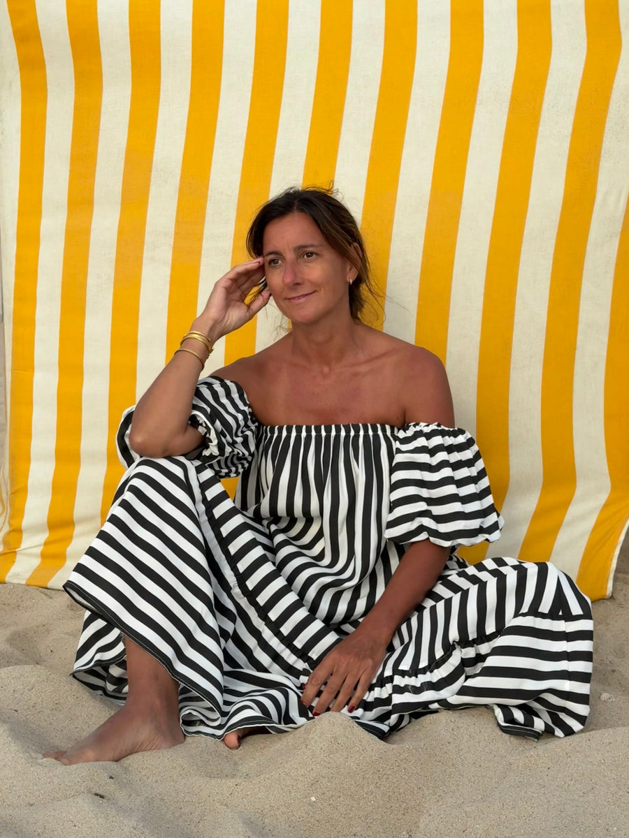 Vestido riscas manga balão preto