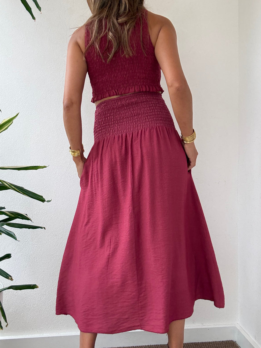 Conjunto Midi Franzido Morango