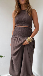 Conjunto Midi Franzido castanho