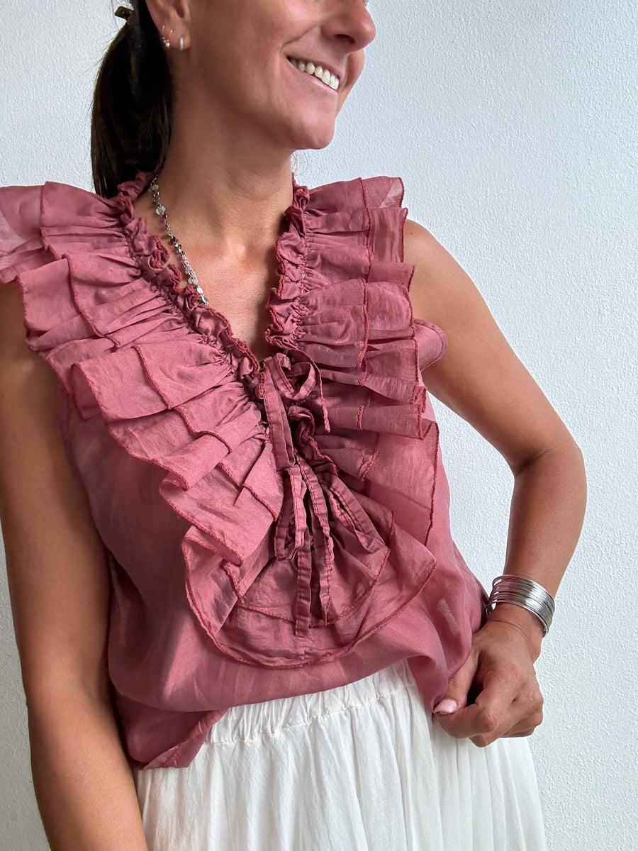 Blusa sem Manga telha com folho