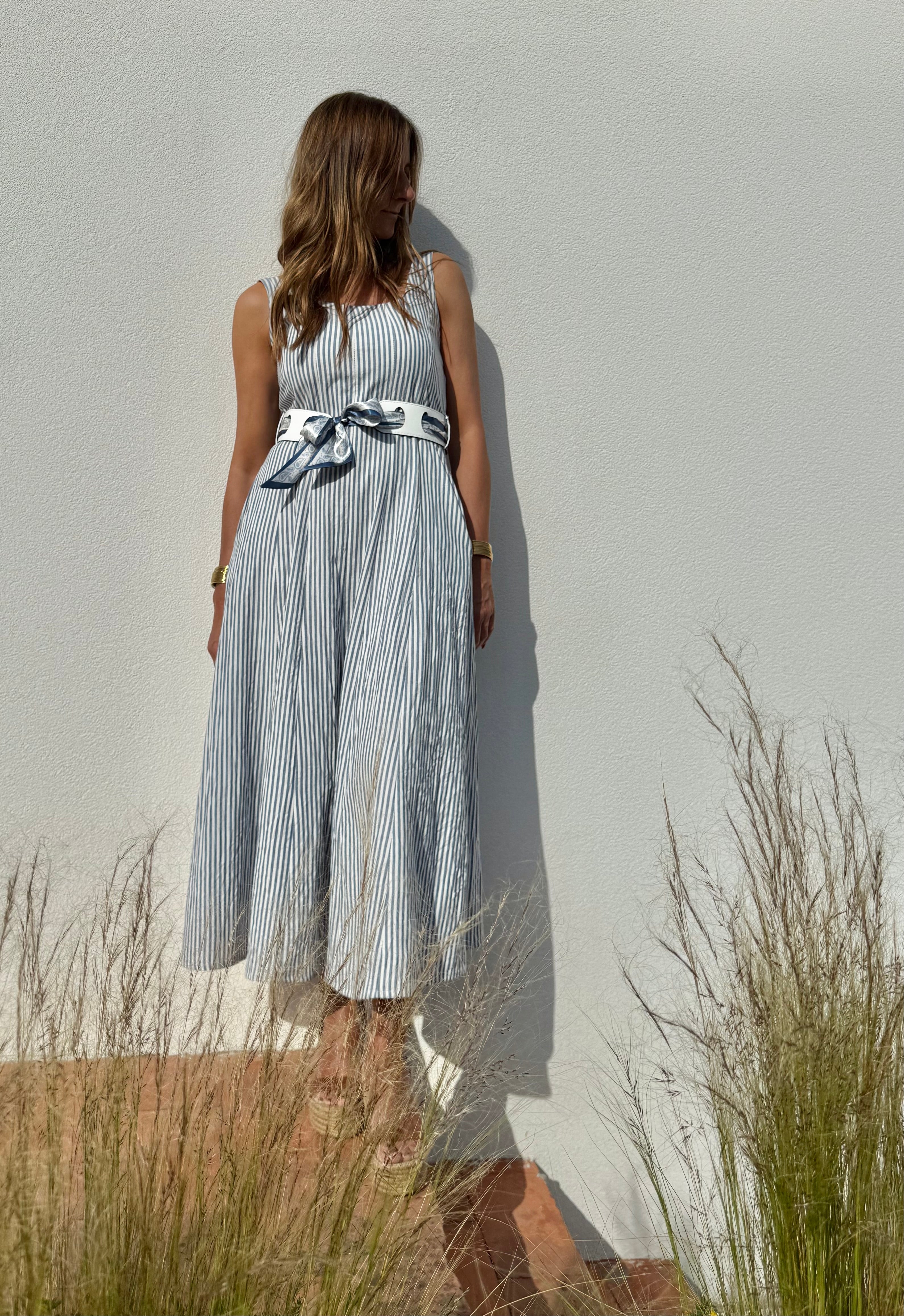 Vestido Midi risca azul