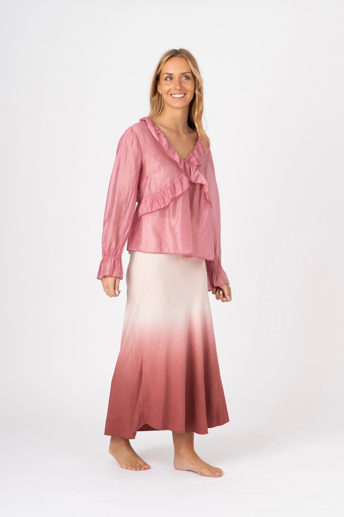 Blusa fluida com babados rosa