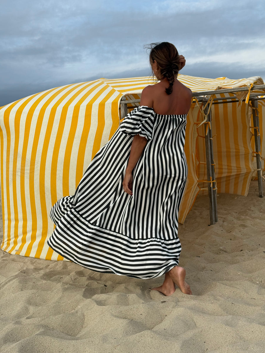 Vestido riscas manga balão preto