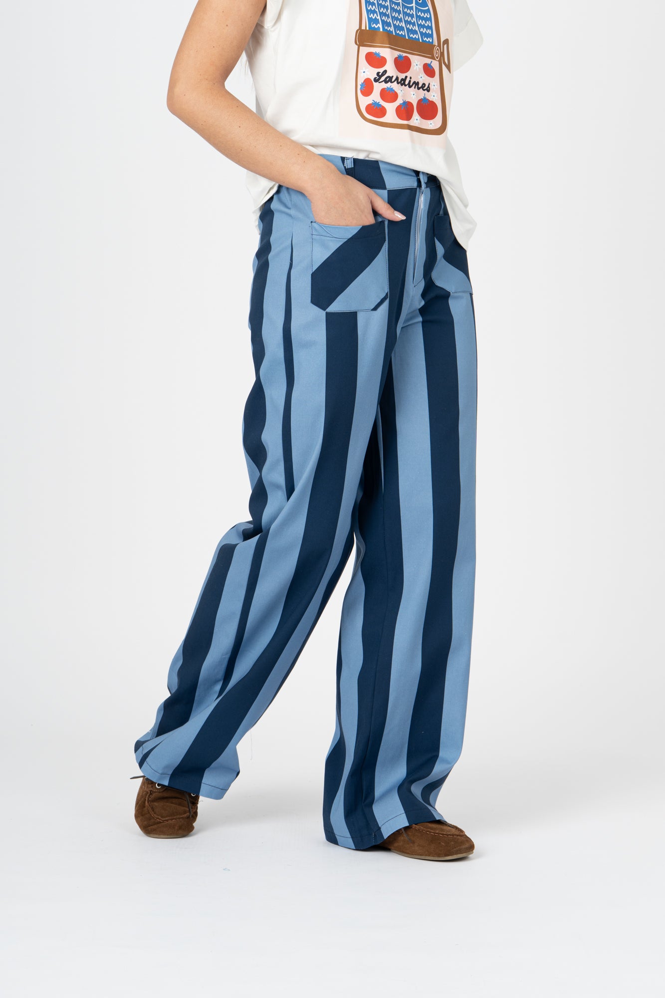 Calças Palazzo riscas azul