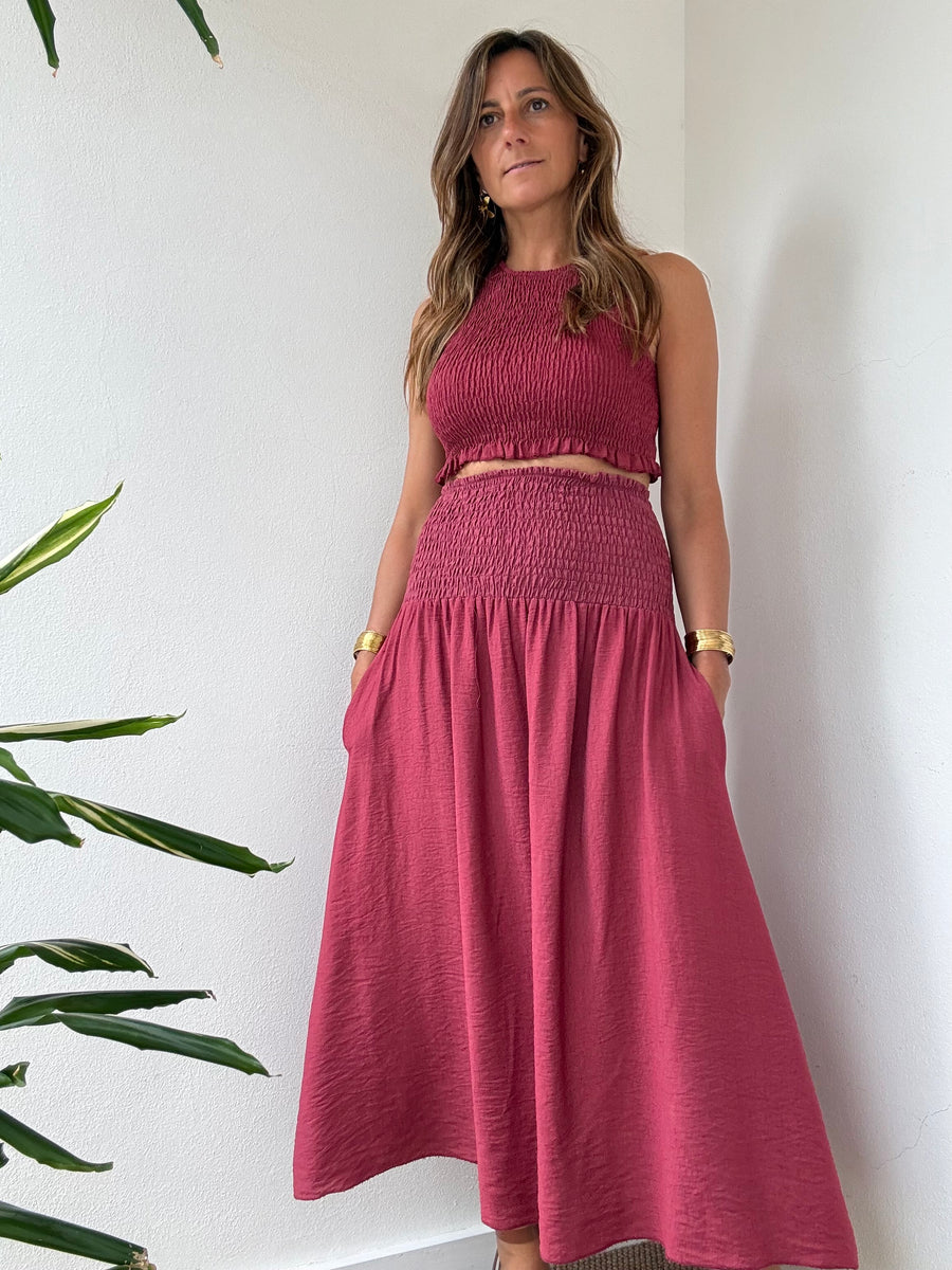 Conjunto Midi Franzido Morango