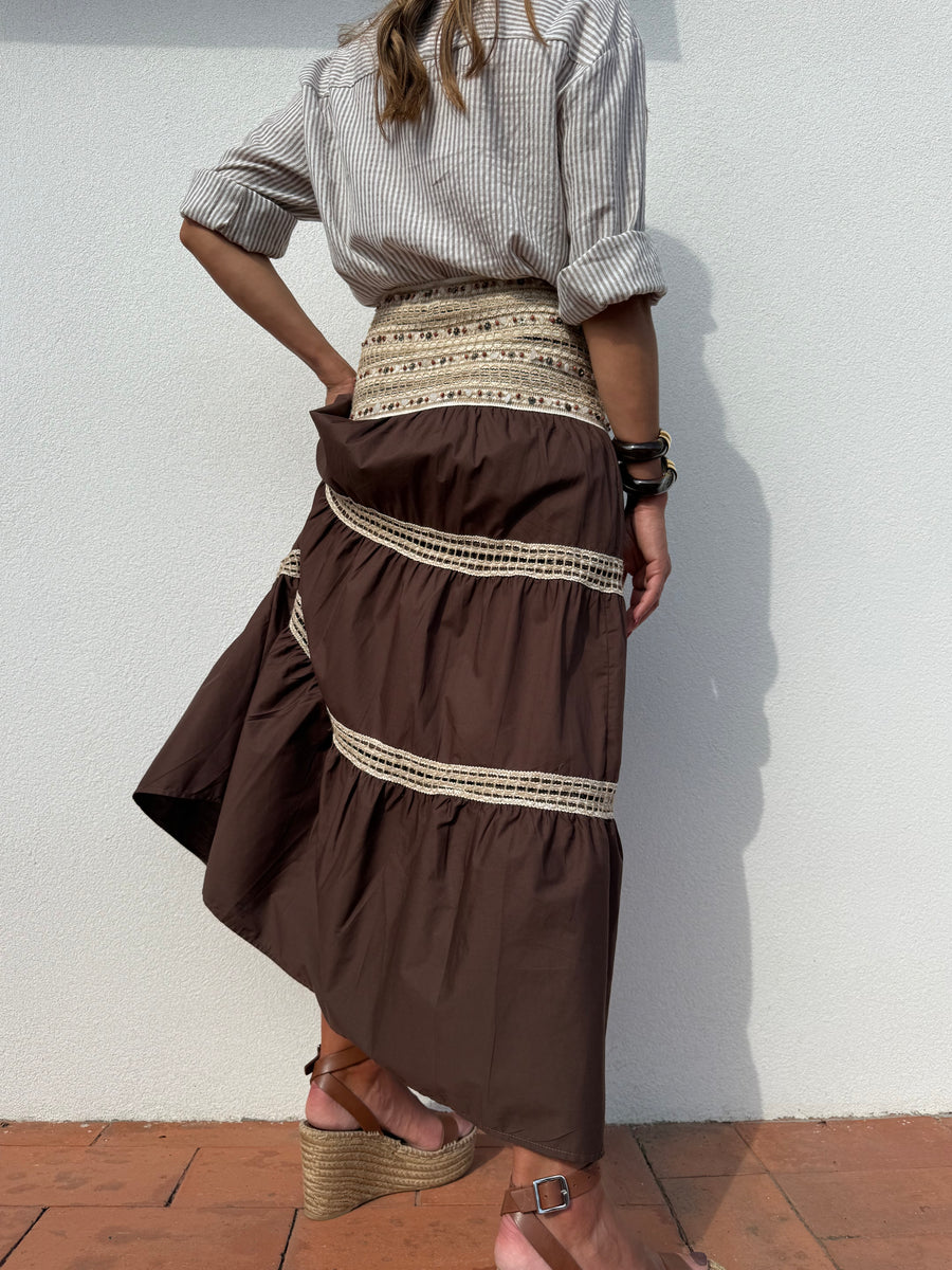 Saia Boho bordada castanho