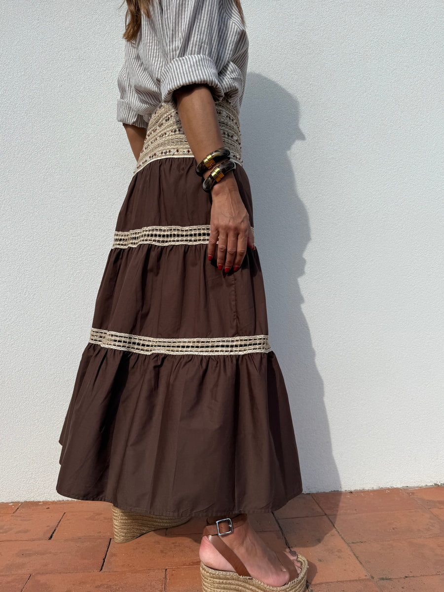 Saia Boho bordada castanho