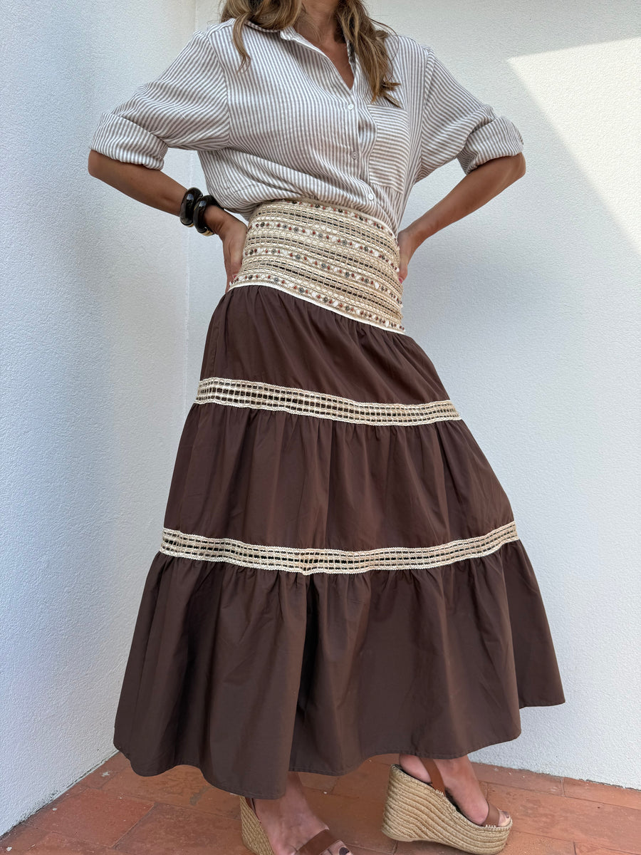 Saia Boho bordada castanho