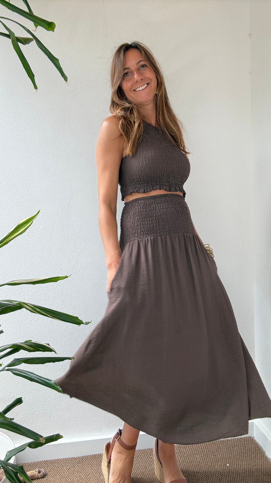 Conjunto Midi Franzido castanho