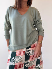 Camisola decote em V verde seco